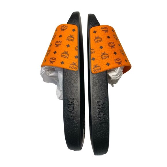 NIB MCM Mens US 10 Persimmon Orange Visetos Monogram Print Vamp Slide Sandals - Picture 3 of 16